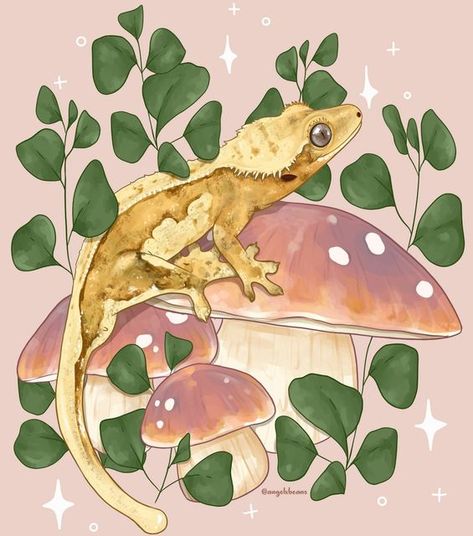 Angel on Instagram: "Crested gecko with porcini mushrooms and leaves 🍄🌿 for @charlenescresties" Cute Crested Gecko Drawing, Crested Gecko Drawing Easy, Crested Gecko Painting, Crested Gecko Illustration, Crested Gecko Tattoo Ideas, Crested Gecko Art, Crested Gecko Tattoo, Crested Gecko Drawing, Reptile Stickers