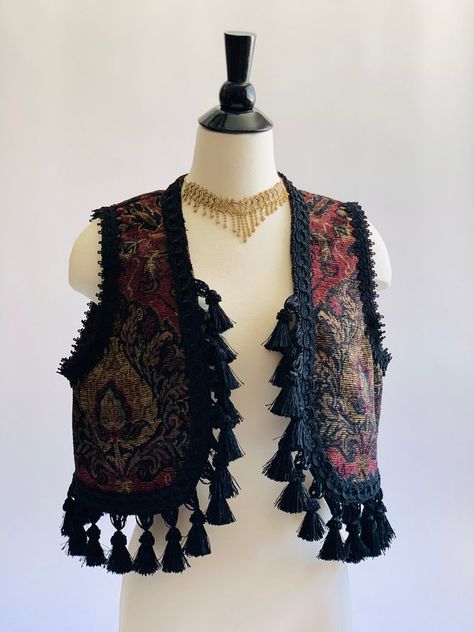 Fringe Clothes, 70s Inspired Outfits, Fringe Clothing, Tapestry Vest, Boho Vest, Outfit Inspired, Fringe Vest, Tassels Fashion, Embroidered Trim