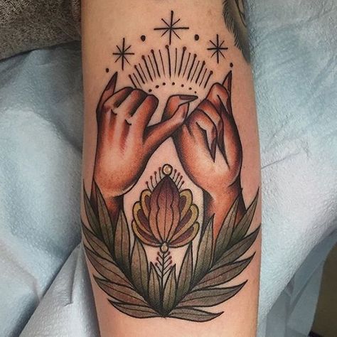 @tammykimtattoo Best Friend American Traditional Tattoo, Traditional Pinky Promise Tattoo, Romantic Traditional Tattoo, Matching American Traditional Tattoos, Uncle Tattoo, Kayak Tattoo, Pinky Promise Tattoo, Spiritual Ideas, Left Arm Tattoos