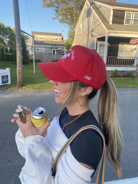 Red hat, gold jewerly, skims, ponytail, cape cod, summer Hat And Ponytail, Ponytail With Hat, Trucker Hat Hairstyles, Hat Hairstyles Short Hair, Ally Nicole, Baseball Hat Hairstyles, Hat With Ponytail, Baseball Cap Hairstyles, Cap Hairstyles