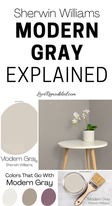 Modern Gray, by Sherwin Williams, is a taupe paint color with warm undertones. It is subtle and balanced, making it a great paint color for many homes. Get all the details here, including color schemes, trim colors, and more. Modern Gray Sherwin Williams, Gray Paint Colors Sherwin Williams, Taupe Color Schemes, Sherwin Williams Color Schemes, Colours That Go With Grey, Taupe Paint Colors, Taupe Paint, Sherwin Williams Gray, Trim Colors