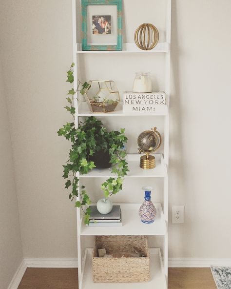 Love my leaning bookshelf White Ladder Shelf Decor Living Room, Leaning Shelf Decor, Leaning Bookshelf Decor, White Ladder Shelf Decor, Ladder Shelf Decor, Leaning Bookshelf, Shelf Decor Living Room, Bookcase Decor, Bookshelf Decor