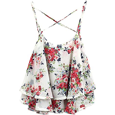 Choies White Layer Floral Print Cross Back Cami Top ($17) ❤ liked on Polyvore featuring tops, shirts, crop tops, tank tops, white, white tank crop top, white cami, white tank, camisoles & tank tops and floral crop top Crop Top Tank Tops, Tank Tops White, White Floral Shirt, Printed Chiffon Tops, Sleeveless Chiffon Blouse, White Crop Tank, Shirts Crop, White Crop Top Tank, Chiffon Tank Tops