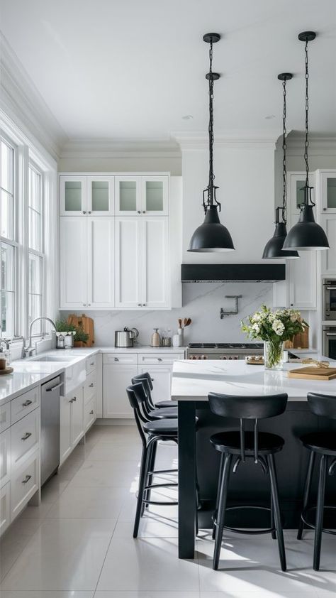 White Kitchen Ideas with Black Hardware: Top 20 Inspirations Black Kitchen White Floor, White Marble Kitchen Black Hardware, White Kitchen Black Faucet, White Kitchen Sink With Black Faucet, White Kitchen Black Accents, White Kitchen With Black Hardware, White Cabinets Withblack Handles, Black Kitchen Faucet Farm Sink White Cabinets, White Kitchen Black Appliances