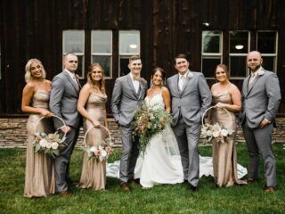 Bridal Party Scheme, Grey And Champagne Wedding Colors, Groomsmen In Grey Suits, Grey Champagne Wedding, Grey Groomsmen Suits With Bridesmaids, Champagne And Grey Wedding, Champagne Bridesmaid Dresses With Grooms, Grey Bridal Party, Champagne Bridal Party