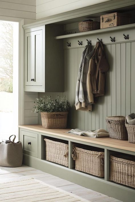 Mudroom Floors Ideas, Rustic Mudroom Ideas Farmhouse Style, Mudroom Interior Design, Green Cabinets Mudroom, Family Mudroom Ideas, Mud Room Walls, Sage Mudroom, Big Mudroom Ideas, Mud Room Built Ins With Bench