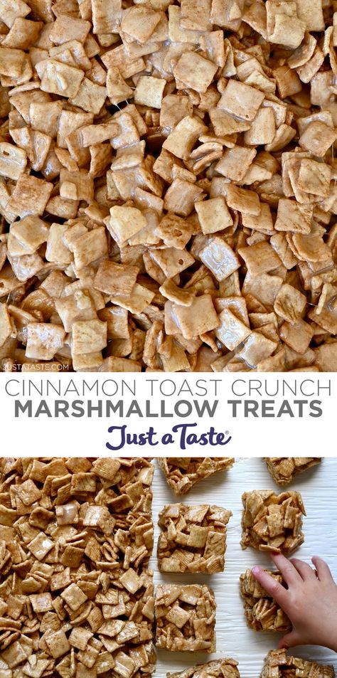 The first image is of Cinnamon Toast Crunch cereal covered in melted marshmallows. The second image is of a child's hand reaching for a Cinnamon Toast Crunch Marshmallow Treat. Trail Mix With Cinnamon Toast Crunch, Cereal And Marshmallow Treats, Cinnamon Toast Crunch Treats Snack Mixes, Cinnamon Toast Crunch Marshmallow Treats, Cinnamon Toast Crunch Cereal Bars, Rice Krispie Treats Cinnamon Toast Crunch, Cheerio Marshmallow Treats, Cereal Marshmallow Bars, Recipes Using Cinnamon Toast Crunch