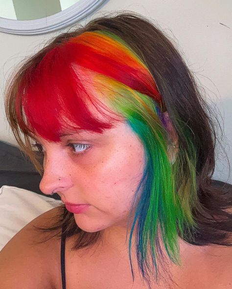 rainbow hair Rainbow And Brown Hair, Rainbow Hair Streaks, Brown And Rainbow Hair, Rainbow Hair With Bangs, Rainbow Raccoon Tail Hair, Rainbow Highlights Hair Brown, Rainbow Underneath Hair, Scene Rainbow Hair, Rainbow Hair Highlights