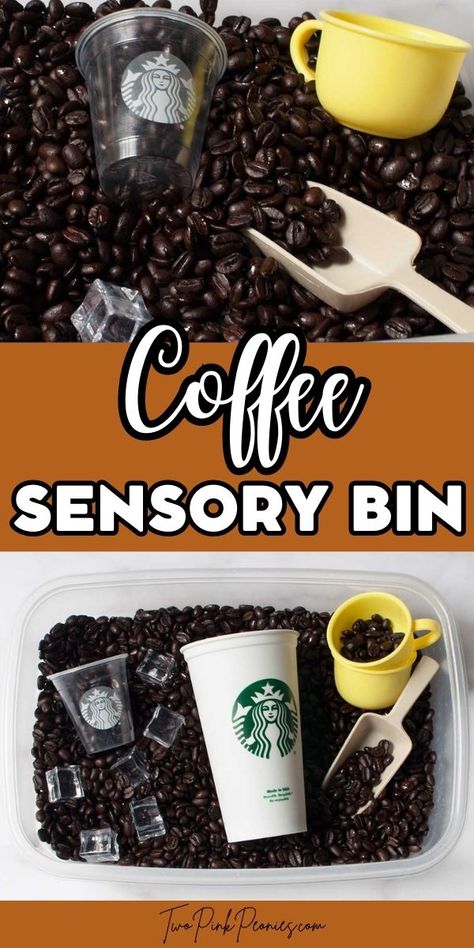 Text that says Coffee Sensory Bin above and below are images of a coffee sensory bin (a bin meant for kids with toy cups and scoops and coffee beans in it). Play Food Sensory Bin, Call Sensory Bin, Cute Sensory Bin Ideas, Seasonal Sensory Bins, Sensory Bin Printable, Sped Sensory Bins, Sensory Bins Special Education, Harry Potter Sensory Bin, Sensory Bin Business