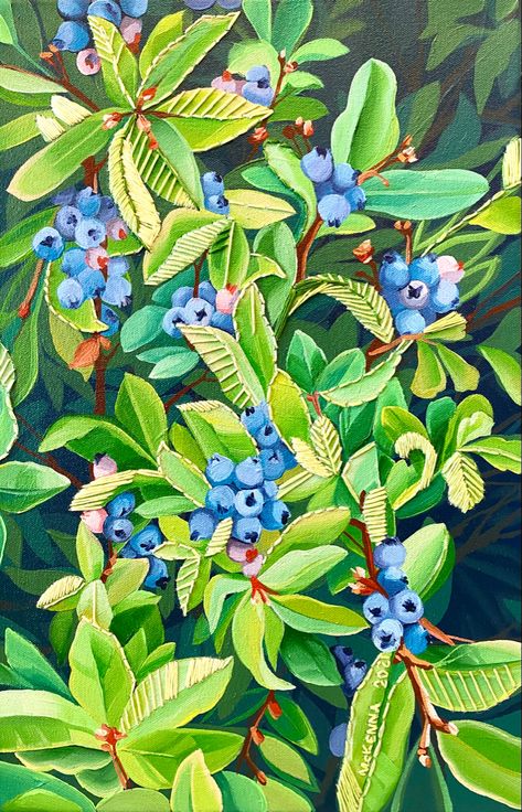 Blueberry Bush Painting, Blueberry Painting, Embroidery On Canvas, Blueberry Bush, Blackberry Bush, Blueberry Plant, Blueberry Bushes, Plant Painting, Watercolor Inspiration