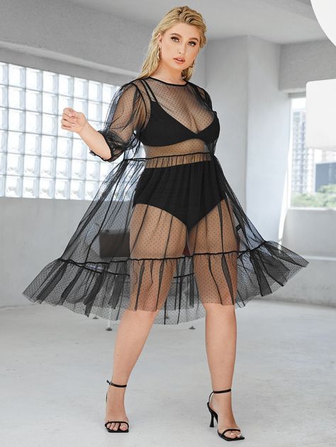 Plus Lantern Sleeve Tiered Hem Sheer Mesh Dress Plus Size Sheer Dress, Diy Mesh Dress, Sheer Overdress, Sheer Long Mesh Dress For Summer, Sheer Mesh Dress For Beachwear, Black Sheer Mesh Dress For Fall, Fishnet Dress Outfits, Sheer Dresses, See Thru Lace Dress