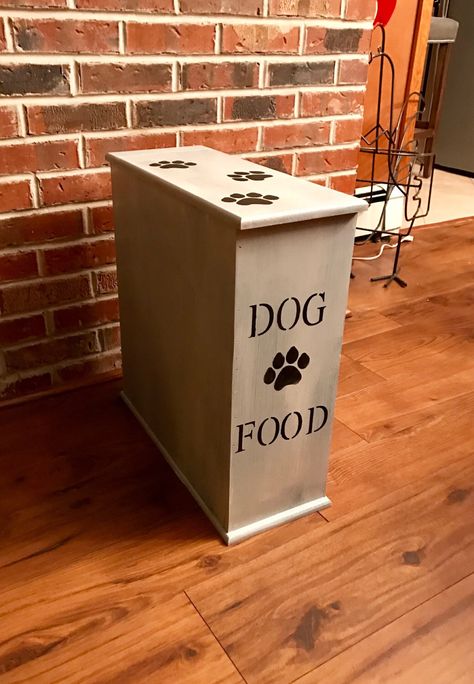 A personal favorite from my Etsy shop https://www.etsy.com/listing/511355747/dog-food-storage-dog-food-container-pet Hide Dog Food, Dog Food Cabinet, Training Cats, Paw Print Decorations, Tupperware Containers, Dog Food Station, Pets Food, Dog Food Storage Containers, Pet Food Container