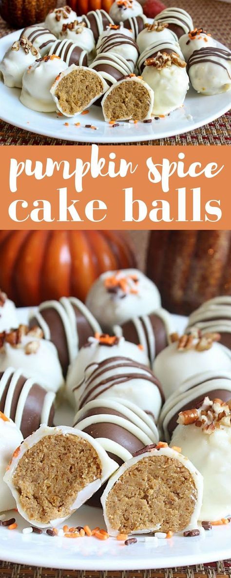 Easy pumpkin spice cake ball recipe! #falldessert #pumpkinspice #pumpkindessert #pumpkinrecipe #easydessert #thanksgivingdessert Spice Cake Balls, Pumpkin Spice Cake Balls, Cake Ball Recipe, Easy Pumpkin Spice Cake, Pumpkin Spice Cake Recipe, Cake Pops Recipe, Cake Ball Recipes, Spice Cake Recipes, Cake Ball