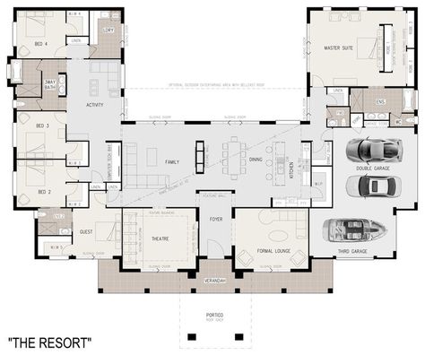 Lakefront House Plans, U Shaped House Plans, U Shaped Houses, Unique Floor Plans, Courtyard House Plans, Lakefront Homes, Courtyard House, Bedroom House Plans, New House Plans