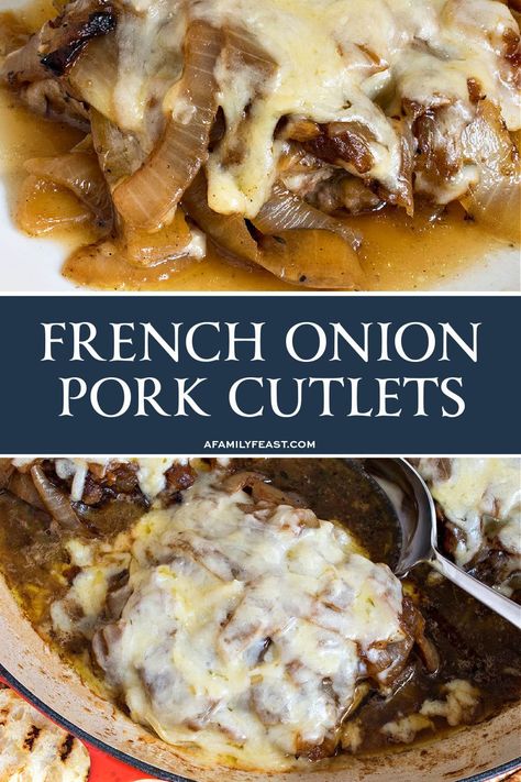 French Onion Pork Cutlets Pork Cutlets Crockpot, Baked Pork Cutlets, Pork Cutlet Recipes, Recipes Using Pork, Main Entree Recipes, Schnitzel Recipes, French Soup, Pork Cutlet, Cutlets Recipes