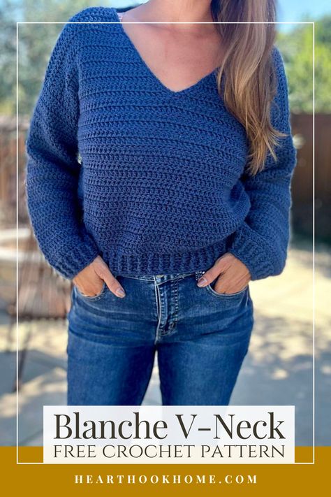 The Blanche V-Neck sweater is the easiest crochet sweater pattern! Use this size inclusive pattern (XS-5XL) to make a new v-neck for yourself or someone you love. This is a beginner friendly FREE crochet pattern! Crochet Chevron Sweater Pattern Free, Easy Crochet Sweaters For Beginners Free, V Neck Crochet Sweater Pattern, Simple Crochet Sweater Pattern Free, Crochet Cropped Sweater Pattern Free, Beginner Crochet Sweater Pattern Free, Easy Crochet Sweaters For Beginners, Easy Crochet Sweater Pattern Free, V Neck Crochet Sweater