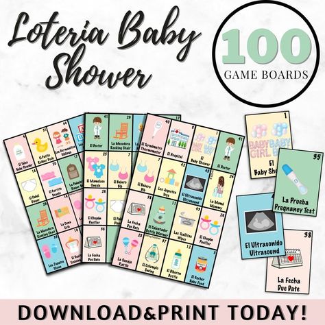 Baby Shower Loteria 100 Cards Spanish-English/Loteria Cards / Mexican Baby Shower Baby Shower Loteria, Juegos Baby Shower, Mexican Baby Shower, Mexican Babies, Bingo Sheets, Baby Shower Party Games, A Deck Of Cards, Loteria Cards, Bingo Cards Printable