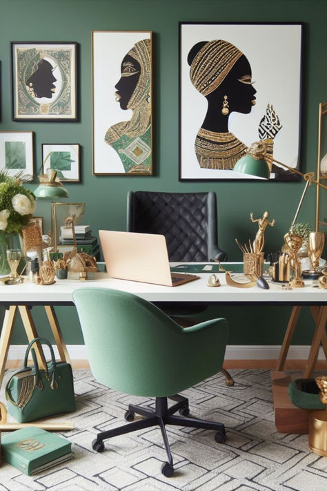 Infuse luxury into your small home office with a palette of emerald green, cream, and gold. This exquisite design maximizes space without sacrificing style, creating an inspiring environment for productivity. Emerald Green Office Decor, Green And Gold Office, Woman Office Ideas, Emerald Green Office, Green Office Ideas, Green Office Decor, Green Home Office, Offices Ideas, Green Home Offices