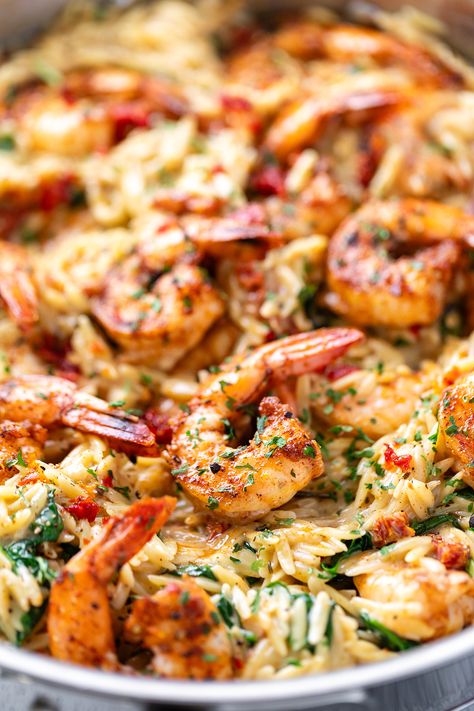 One Pot Marry Me Shrimp and Orzo Pasta Creamy Tuscan Shrimp Orzo With Sun Dried Tomatoes, Orzo Pasta Meals, Shrimp Mushroom Orzo Recipes, Sundried Tomato Pasta With Shrimp, Healthy Orzo Dinner Recipes, One Pan Shrimp Pasta, Creamy Tuscan Shrimp Orzo, Delicious Shrimp Dinner Recipes, Marry Me Shrimp Recipe