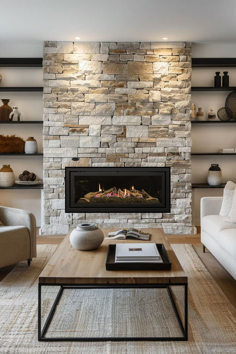 Transform your home into a cozy haven with a stunning stone fireplace! Combining the timeless charm of stone with the modern efficiency of a Coonara fireplace creates a perfect blend of tradition and contemporary style. Explore these stone fireplace ideas and see how Coonara can enhance both traditional and modern settings. Cultured Stone Fireplace Ideas, Brown Stone Fireplace Living Room, Drystack Stone Fireplace, Coonara Fireplace, Stone Media Wall, Modern Stone Fireplace Ideas, Fireplace Stone Ideas, Cultured Stone Fireplace, Fiji House