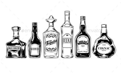 Vector Set of Bottles for Alcohol by vectorpocket | GraphicRiver Bottles Drawing, Bottles Alcohol, Alcohol Infusion, Bottle Tattoo, Bottle Drawing, Valentines Day Chocolates, Bg Design, Alcohol Bottles, Chocolate Strawberries