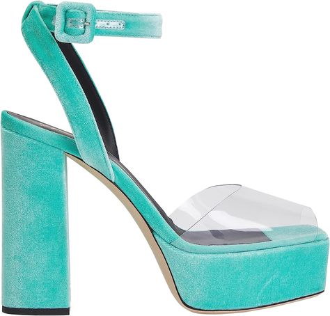 These open toe sandals, crafted from light-blue, velvet-effect synthetic fabric, feature a square toe, an adjustable ankle strap with matching buckle, clear PVC front bands and matching covered platform and chunky heel, the latter embellished with a 'Signature GZ' detail in silver metal. Athletic Sandals, Low Heel Sandals, Shoe Company, Womens Shoes High Heels, Blue Sandals, Wholesale Shoes, Open Toe Sandals, Toe Sandals, Synthetic Fabric