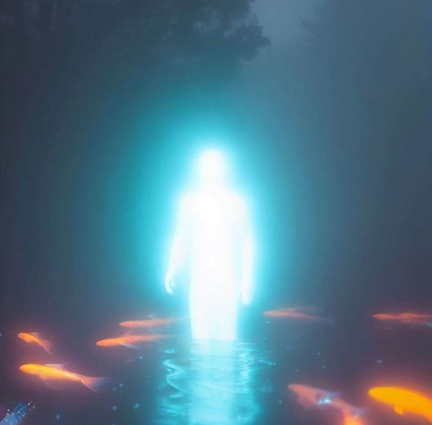 Glowing figure standing in a lake in the woods, fish swimming underneath Glowing Person, Existentialism Art, Lake In The Woods, Create Your Own Reality, Mixtape Cover, Picture Boards, Eye Of The Storm, Digital Storytelling, Fish Swimming