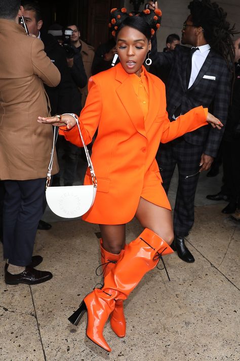 Janelle Monae Wears Orange Boots and a Monochrome Outfit in Paris – Footwear News Orange Monochrome Outfit, Cinnabon Delights, Orange Boots, Janelle Monae, Orange Suit, Orange Fits, Janelle Monáe, Monochromatic Outfit, Orange Outfit