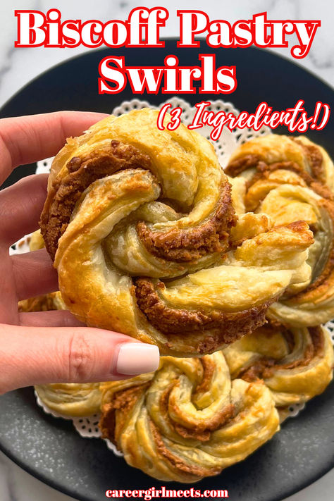 OMG, these 3-ingredient Biscoff pastry swirls are insanely delicious!! You'll need some puff pastry dough and Biscoff cookie butter. If you like blondies and brownies, you will love this dessert or breakfast recipe. They remind me of cinnamon rolls but with flaky, buttery pastry dough. If you've ever had Biscoff cheesecake or cake, you will also appreciate this yummy recipe. 

// biscoff cookie butter recipes // biscoff cookies // biscoff pastries // biscoff desserts // Biscoff Puff Pastry, Biscoff Pastry, Cookies Biscoff, Biscoff Cookie Butter Recipes, Puff Pastry Swirls, Cinnamon Rolls Overnight, Pastry Swirls, Biscoff Desserts, Breakfast Cinnamon Rolls