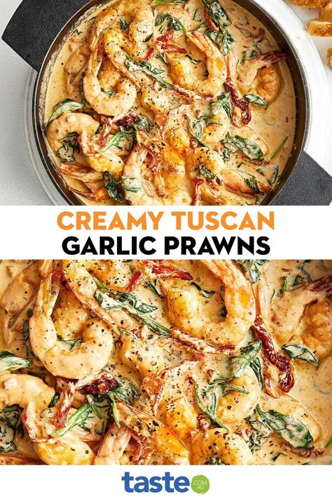 Prawn And Fish Recipes, Tuscan Prawn Pasta, Creamy Prawns Recipe, Italian Prawn Pasta, Garlic Prawns Pasta, Italian Prawn Recipe, Pasta Prawn Recipe, Best Prawn Recipes, Prawn Dishes Recipes