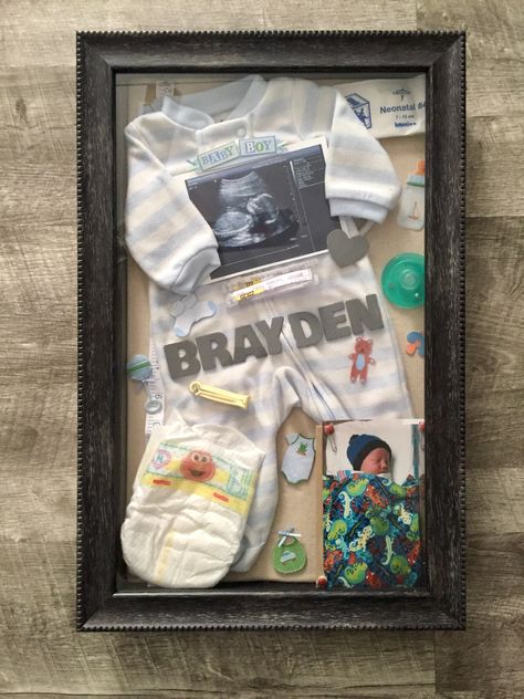 Newborn Shadow Box Boy, Shadow Box For Baby Boy, Shadow Box Baby Boy, Baby Shadow Box Boy, Baby Boy Shadow Box Ideas, Newborn Shadow Box Ideas, Newborn Keepsakes, Baby Boy Keepsake Box, Newborn Shadow Box