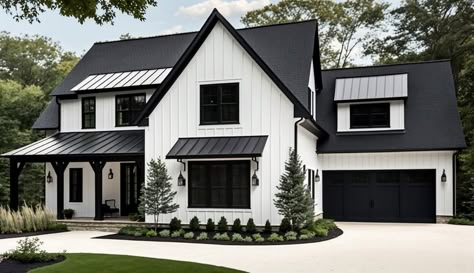 White House Black Trim Exterior, Barn Dominium Houses, Black And White Exterior House, House Black Trim, Black And White House Exterior, Black Trim Exterior House, White House Black Trim, White Stucco House, White House Black Shutters