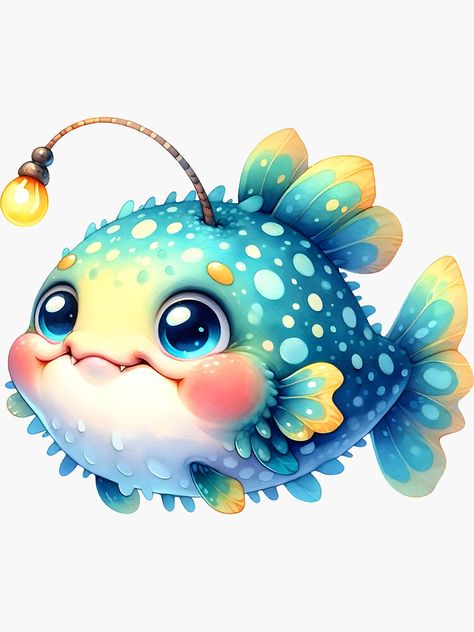 Cute Angler Fish Drawing, Sea Creature Illustration, Angler Fish Drawing, Cute Marine Animals, Cute Fish Drawing, Cute Angler Fish, Fish With Light On Head, Angler Fish Character, Cartoon Fish Cute