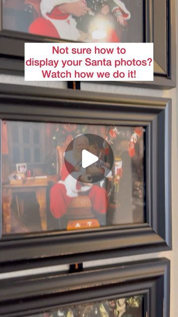 The Davis Real Estate Group on Instagram: "How do you display your Santa photos? We find that it can be hard to clear off surfaces for extra frames at Christmas with all the other collections of items that we want to display during the holidays. We’ve been hanging out Santa photos on the wall the last few years. All you need is ribbon, a staple gun and a frame for each photo. We line up the photos to estimate how much ribbon we’ll need. Then we use about 4 staples per frame. We use a single nail but we like to add a couple Command strips just to keep everything safe against the wall. We have them in our kitchen so we can enjoy them in a space we are often in! How do you display your photos?? Show us in the comments!! #tdreg #thedavisreg #thedavisrealestategroup #santaphotos" Holiday Photo Display Ideas, Santa Pictures Display Yearly, How To Display Santa Pictures, Displaying Christmas Photos, Santa Photo Display Ideas, Displaying Santa Pictures, Santa Photo Display, Display Santa Photos, Santa Picture Display Ideas