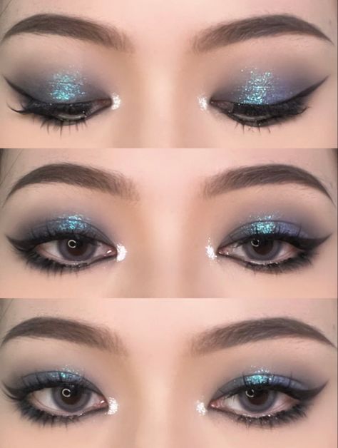 Blue Makeup Prom Looks, Dark Blue Sparkly Makeup, Aquamarine Makeup Looks, Navy Blue Douyin Makeup, Blue Eyeshowdow Looks, Smokey Blue Makeup, Blue Ethereal Makeup, Blue Eye Makeup Hooded Eyes, Blue Makeup Asian