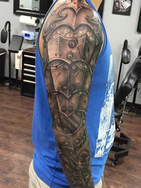 Knights Armor Tattoo Body Armor Tattoo For Men, Epic Tattoo Ideas, Armor Sleeve Tattoo, Mechanical Tattoo, Armour Tattoo, Knights Armor, Forearm Armor, Shoulder Armor Tattoo, Body Armor Tattoo