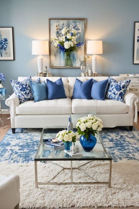 17 Beautiful Boho Living Room Decor Ideas Blue White Yellow Living Room, Blue Themed Living Room, Blue Theme Living Room, Dior Room, Wallpaper In Home, Blue Living Room Color Scheme, Blue Living Room Color, White Couch Living Room, Boho Living Room Decor Ideas