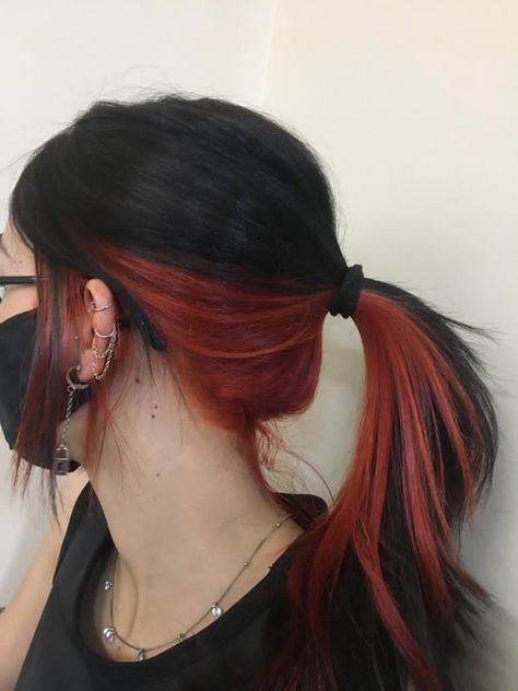 Red Undercolor Hair, Long Black Hair With Red Underneath, Black Hair With Copper Peekaboos, Different Hair Color Techniques, One Red Streak In Hair, Red Under Layer Hair, Red Underside Hair, Red Front Pieces Of Hair, Black Hair Red Peekaboo