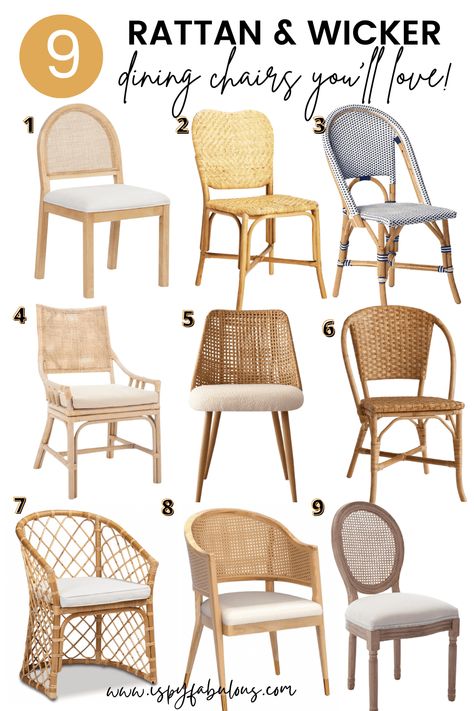 rattan dining chairs Coastal Dining Chairs, Boho Dining Chairs, Boho Lounge, Boho Chair, Wicker Dining Chairs, Rattan Dining, Coastal Home Decor, Kitchen Cabinets Decor, Rattan Dining Chairs