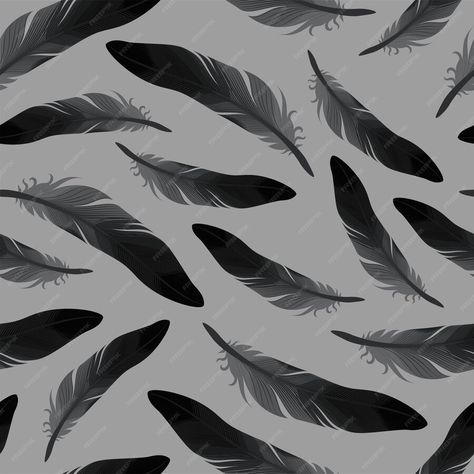 Premium Vector | Vector seamless pattern with black raven feathers on grey background Raven Feather Drawing, Raven Background, Raven Pattern, Raven Feathers, Raven Feather, Feather Drawing, Feather Vector, Black Raven, Grey Background