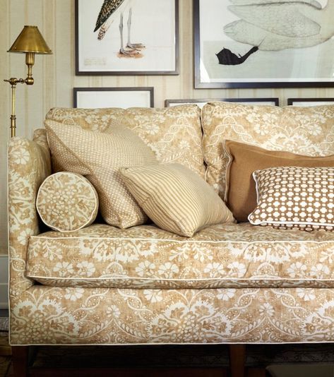 casual damask in a Mark Sikes fabric.  A Designer’s Secret For Mixing Fabric Patterns In A Room Latest Sofa Designs, Countryside Cottage, Printed Sofa, Beige Living Rooms, Corner Sofa Set, Modern Upholstery, Beige Sofa, Room Color Schemes, Sofa Upholstery