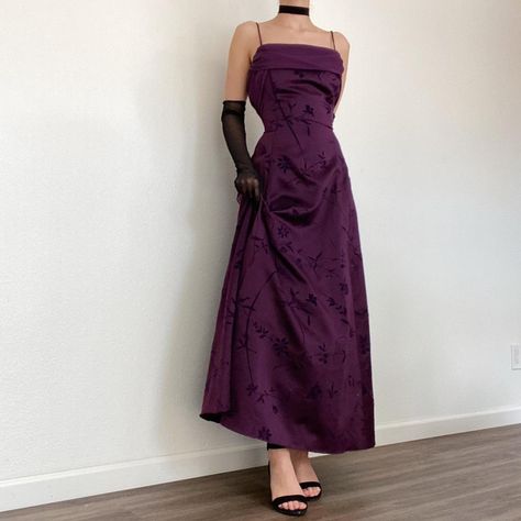 Vintage 90s velvet dress. Purple fabric with velvet... - Depop Purple Velvet Dress Long, 90s Velvet Dress, Jazz Dress, Purple Prom Dress, 90s Dress, Purple Fabric, Purple Velvet, Graduation Outfit, Strap Dress