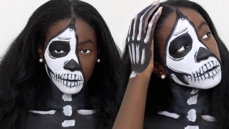 Skeleton Makeup Half Face, Half Skull Face Makeup, Makeup Tutorial Beginner, Pretty Skeleton Makeup, Half Skeleton Makeup, Skeleton Halloween Makeup, Half Skull Face, Half Skull Makeup, Pennywise Makeup