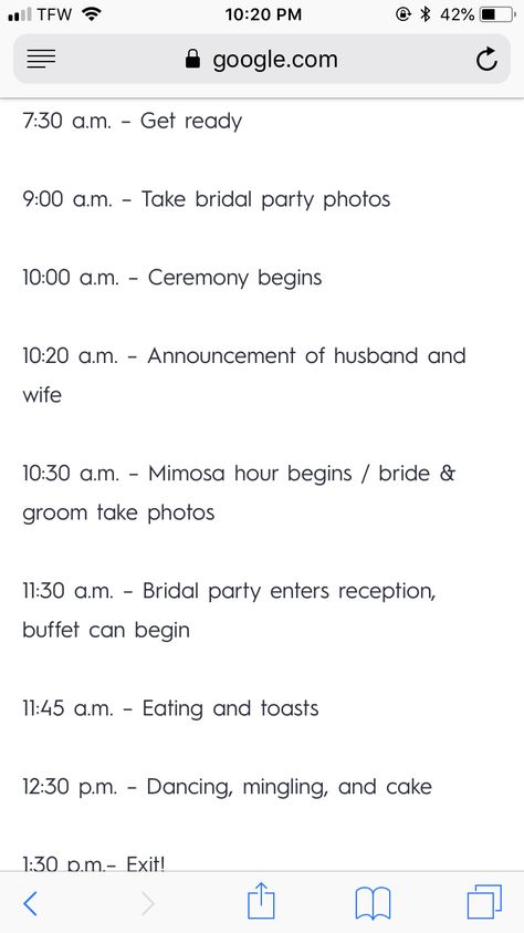 Brunch timeline Morning Wedding Ceremony Timeline, Daytime Wedding Timeline, Sunday Brunch Wedding Timeline, Brunch Wedding Dress The Bride, Morning Wedding Ideas Brunch Reception, Morning Wedding Timeline, Brunch Wedding Timeline, Morning Wedding Ideas, Morning Wedding Ceremony