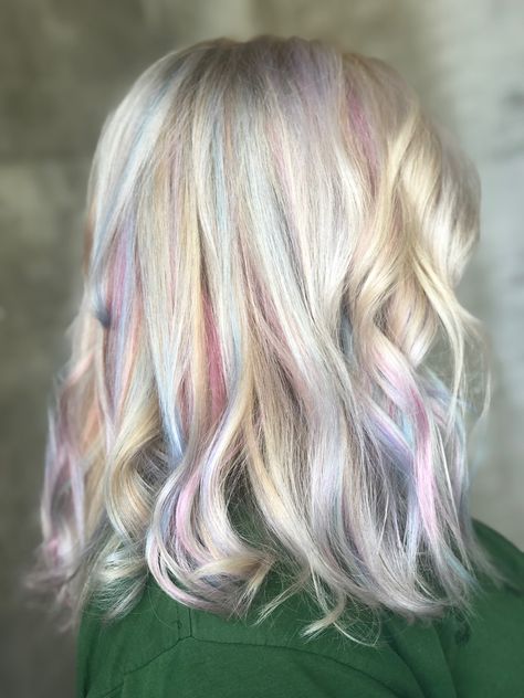 originally normal highlighted blonde hair but we did root to end blonde this time, washed, dried, and then put in blue, pink, and purple. To make some of the blonde colors mix more with the pastels, we put on a good bit of toner and TA DA!!! I’m in love💜 Grey Hair With Pastel Highlights, Light Blue Highlights In Blonde Hair, Blonde To Lavender Hair, Pink And Purple Blonde Hair, Blonde Pastel Hair, Platinum Blonde Hair With Colored Tips, Blonde Hair Pastel Highlights, Light Purple And Blonde Hair, Blonde With Blue And Pink Highlights