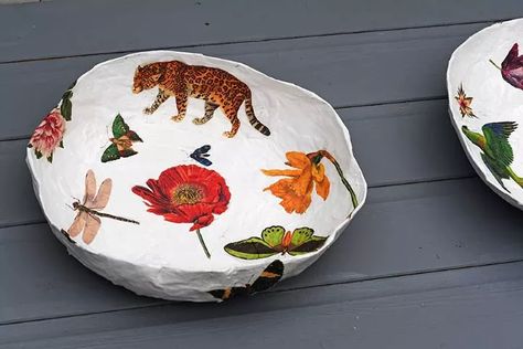 Anthropologie Style Decor, Cardboard Projects, Paper Mache Bowl, Vintage Decoupage, Decoupage Projects, Exhibition Ideas, Making Paper Mache, Paper Mache Bowls, Diy Bowl