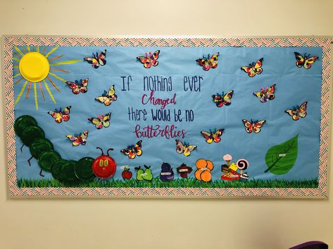 Butterfly March bulletin board with “The hungry caterpillar” theme Kindergarten Classroom Butterfly Theme, Classroom Themes Butterfly, The Hungry Caterpillar Bulletin Board, Butterfly Birthday Wall Preschool, Very Hungry Caterpillar Classroom Theme Bulletin Boards, Butterfly Bulletin Board Ideas Preschool, Butterfly Themed Classroom Decor, Bugs Bulletin Board Ideas, Caterpillar Theme Classroom