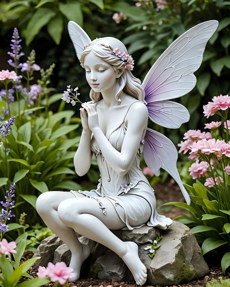 Garden 🧚 Inktober Ideas, Fairy Sitting, Fairy Statues, Fairy Art Dolls, Fairy Artwork, Reference Poses, August 10, Fairy Art, Fashion Doll