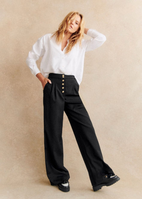 Sézane’s Cesar Trousers in cream are the epitome of elegant comfort with their high-waisted design and wide, straight legs. The front gold button fastening adds a touch of sophistication, while the slant pockets provide both style and functionality. Ideal for dressing up or down, these trousers can seamlessly transition from day to night. Check out our latest arrivals at sezane.com or via the app. Drapey Pants, Lifestyle Dresses, Denim Suit, Swimwear Dress, Straight Leg Trousers, French Girl, Trouser Suits, Girl Style, Winter 2024