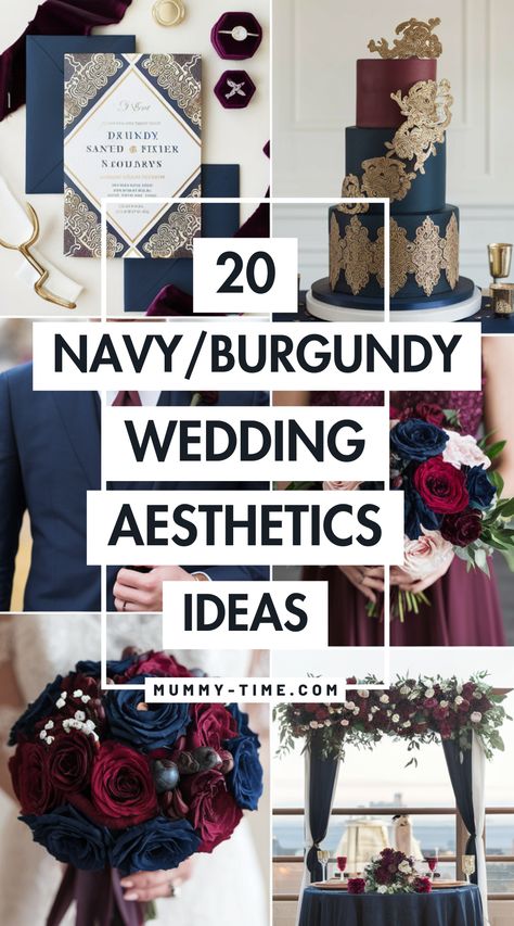 Transform your wedding with the captivating combination of navy and burgundy! Our article is filled with gorgeous ideas for decor, florals, and attire to create your perfect day. 💞🎊 Be sure to save this pin for your wedding inspiration! Navy Blue And Burgundy Boho Wedding, Burgundy Mauve And Navy Wedding, Navy Wine And Blush Wedding, Navy Blue Burgundy Gold Wedding Decor, Navy Blue Fall Wedding Colors, Navy And Wine Wedding Colors, Navy Blue And Burgundy Wedding Theme, Navy Blue And Burgundy Wedding Reception, Colors That Go With Burgundy